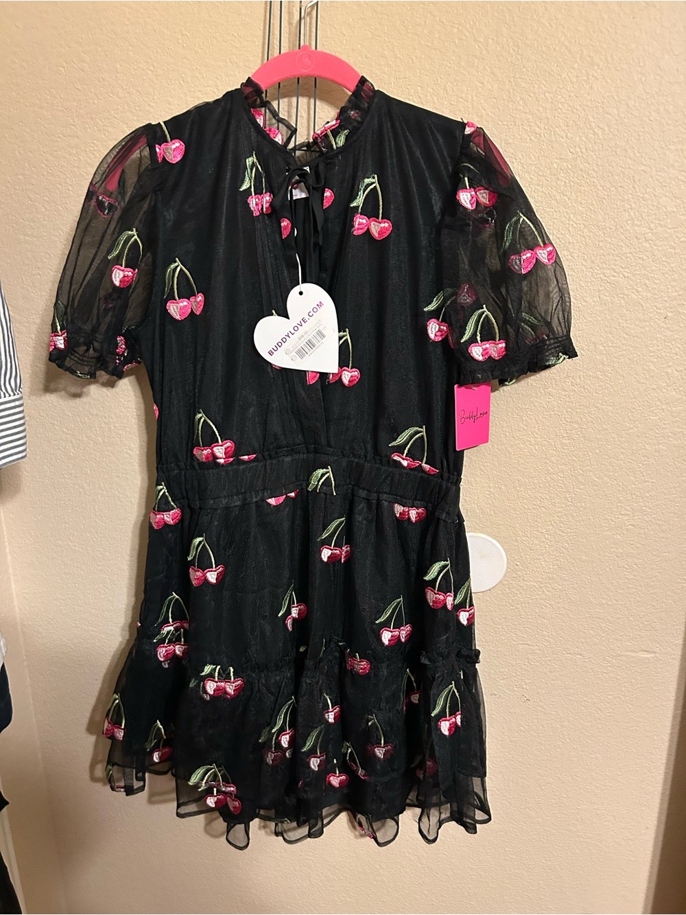 Buddy love clementine  Black Chiffon Dress with Pink Cherry Embroidery
